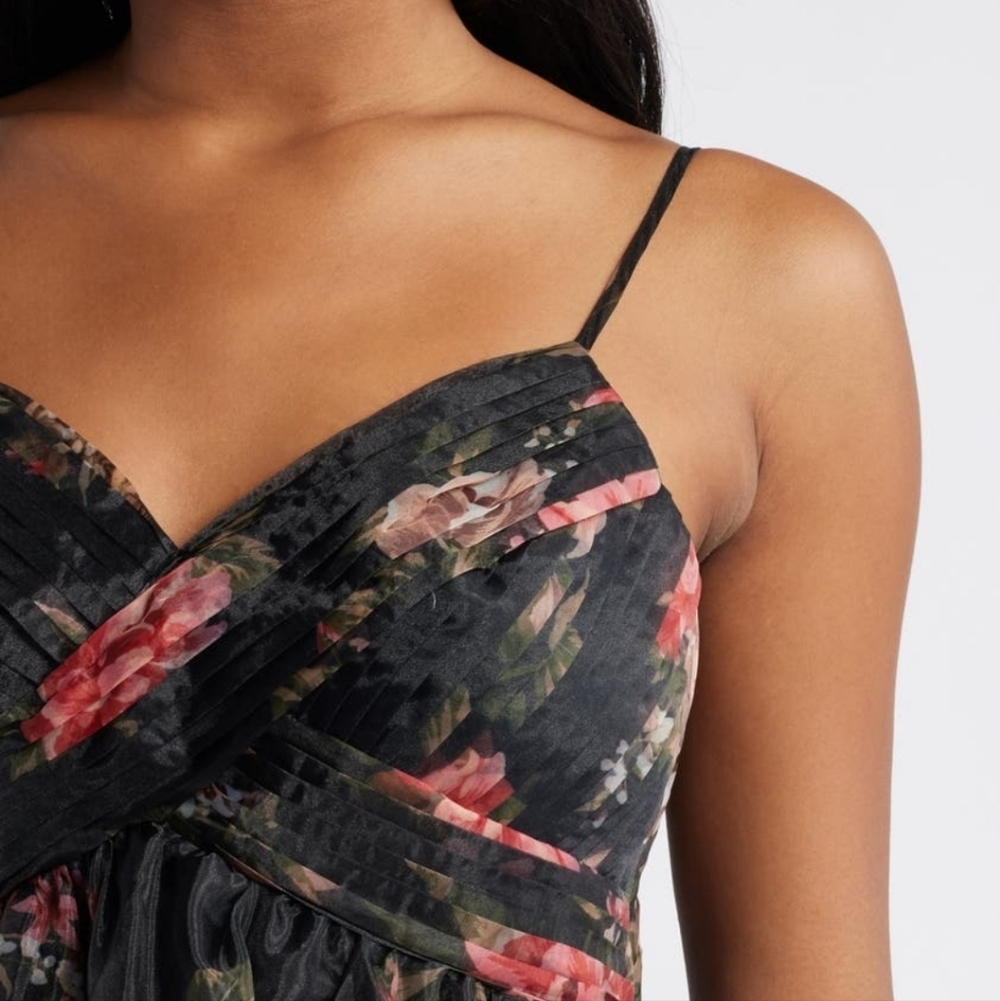 LULUS ORGANZA COCKTAIL DRESS BLACK FLORAL SIZE SMALL - Picture 4 of 15